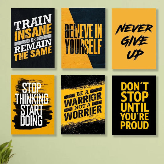 Motivational Wall Art Set 6 Pcs Black Yellow MDF
