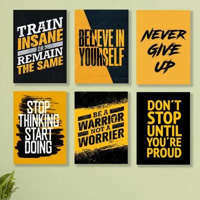 Motivational Wall Art Set 6 Pcs Black Yellow MDF